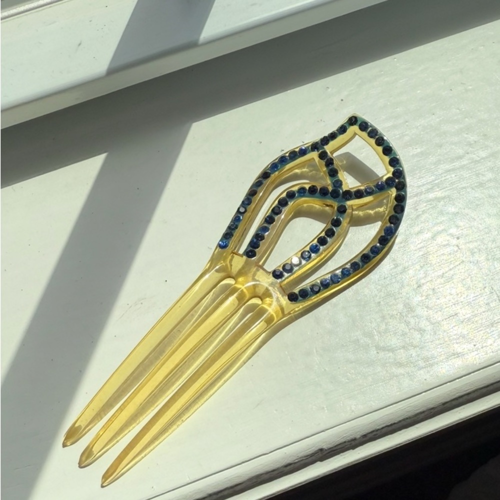 Antique 1920s celluloid Hair Comb with Blue sparkly stones.